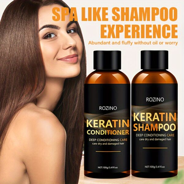 ROZINO Keratin Shampoo and Conditioner Set, 2pcs - Deep Conditioning and Cleaning Care for Dry Hair, Unisex-adult, Glycerin Enriched, Smooth Silky Finish, Hydrating Long-Lasting Scent, Hair Care Combo - Image 2