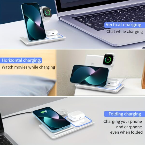 Wireless Charging Station 3-in-1 Standard 15W Fast Mag-Safe Charger Stand with QC3.0 Adapter, Suitable for iPhone 15 14 13 12 11 x 8 Pro Max/Pro/Mini/Plus, iWatch Ultra 9/8 7/6/5/4/3/2, AirPods 3/2 - Image 7