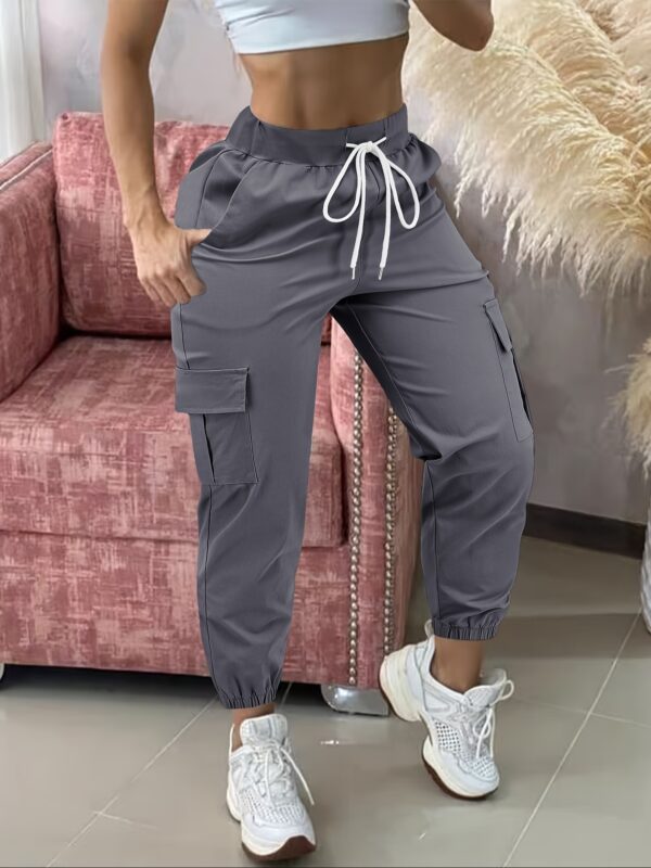 Women'S Casual Cargo Pants, Polyester Solid Color All-Season Woven Trousers, with Drawstring Waist - Image 4