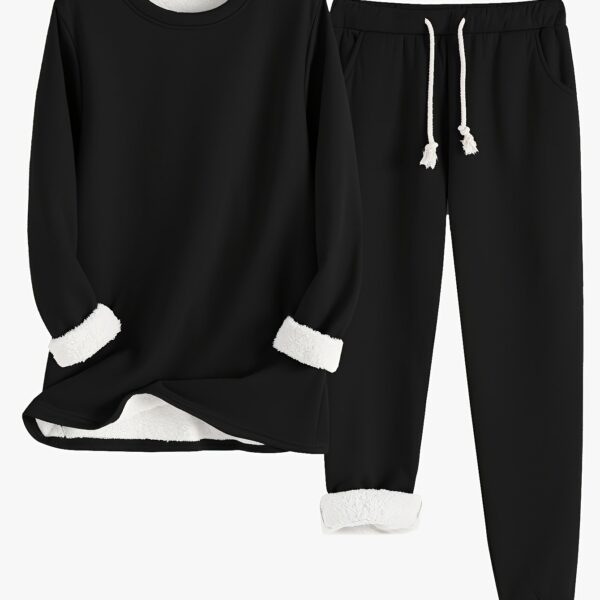 [Indoor Leisure] Luxurious Black & White Fleece-Lined Clothing Set for Women - Cozy Long Sleeve Crew Neck Top & Drawstring Joggers, Soft Polyester, Machine Washable - Perfect for Autumn/Winter Comfort, Relaxed Clothing Set|Middle Eastern Style|Polyester K - Image 12