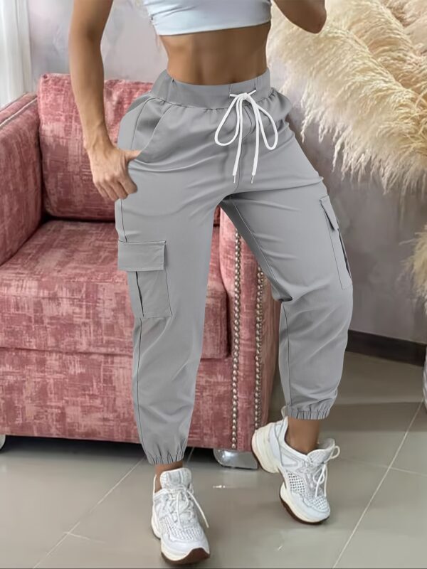 Women'S Casual Cargo Pants, Polyester Solid Color All-Season Woven Trousers, with Drawstring Waist - Image 6