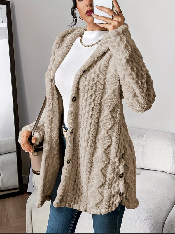 Elegant Beige Quilted Faux Fur Hooded Cardigan - Cozy Long Sleeve, Button Front Outerwear with Diamond Pattern, Perfect for Fall/Winter, Machine Washable - Image 2