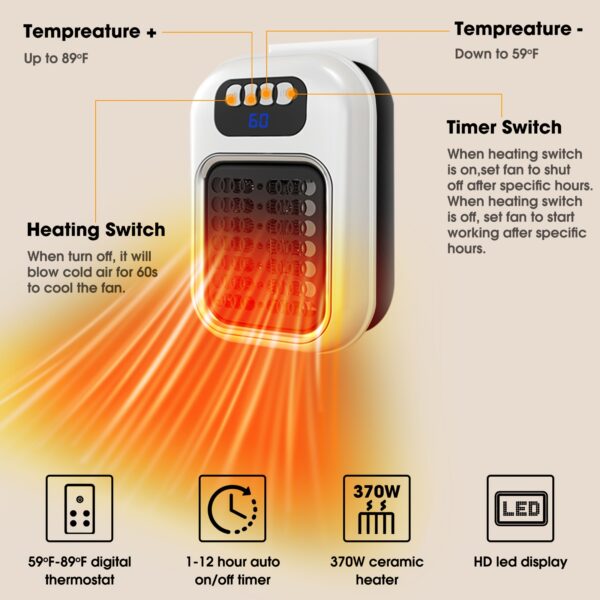 Remote-Controlled Wall Outlet Space Heater with LED Display, Adjustable Thermostat and Timer - Small Plug-In Electric Heater for TV, Home Office, Bathroom - 110V-130V, US Plug, Indoor Use - Image 9