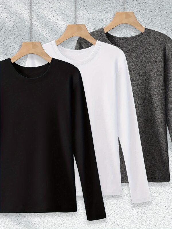 3pcs Women's Casual Long-Sleeve Round Neck T-Shirts - Black, White, Grey - Soft Polyester Blend, Medium Stretch, All-Season, Machine Washable, Minimalist Style, Ladies T Shirts - Image 3