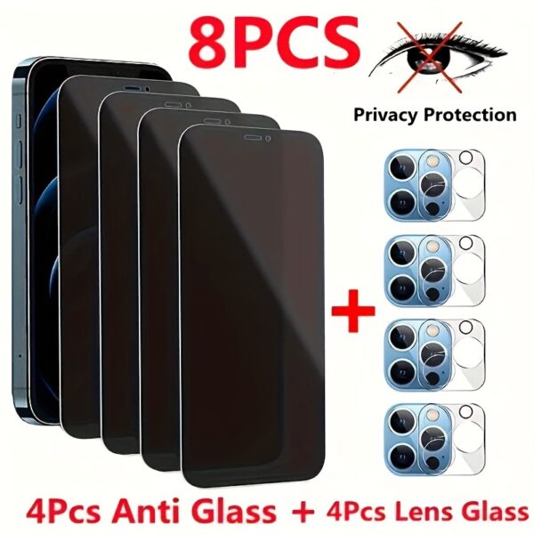 8 PCS Full Coverage Anti-Peeping Tempered Glass For IPhone 15/14/13/12/11 Pro Max X XS XR XSMax Glass And Full Covergar Camera Lens Glass For IPhone 11 12 13 14 15 Pro Max X XS XR XSMax Glsas Film 14 15 Plus 9H Glass, Christmas, Festival, New Year's Gift