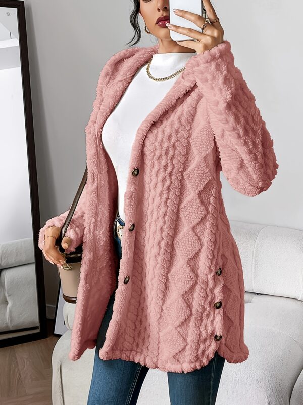 Elegant Beige Quilted Faux Fur Hooded Cardigan - Cozy Long Sleeve, Button Front Outerwear with Diamond Pattern, Perfect for Fall/Winter, Machine Washable - Image 3