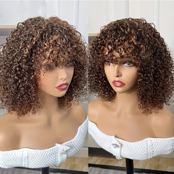 Short Curly Human Hair Wigs Colored Brazilian Bob Human Hair Wigs For Women Ombre Highlight Brown Black Deep Curly Full Wig With Bangs 150%