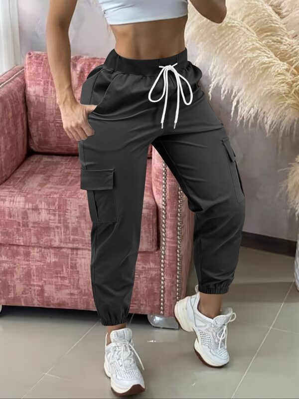 Women'S Casual Cargo Pants, Polyester Solid Color All-Season Woven Trousers, with Drawstring Waist - Image 5