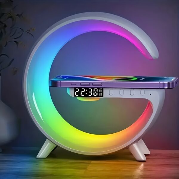 1pc Kouzone Wireless Speaker with Phone Charger, Dimmable Alarm Clock, Sunrise Simulation, Tabletop Mono Sound Machine with Night Light, USB Type-C, Button Control, 5.2 Surround Sound, Rechargeable Lithium Polymer Battery, Ideal for Bedroom, Creative Gift