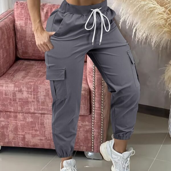 Women'S Casual Cargo Pants, Polyester Solid Color All-Season Woven Trousers, with Drawstring Waist - Image 16