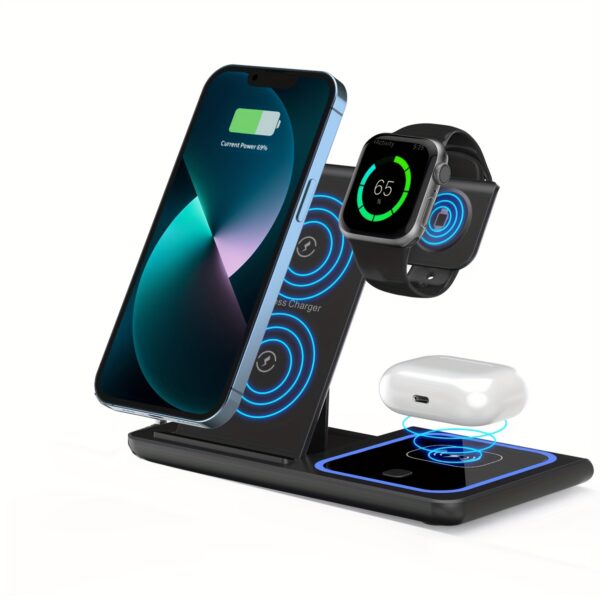 Wireless Charging Station 3-in-1 Standard 15W Fast Mag-Safe Charger Stand with QC3.0 Adapter, Suitable for iPhone 15 14 13 12 11 x 8 Pro Max/Pro/Mini/Plus, iWatch Ultra 9/8 7/6/5/4/3/2, AirPods 3/2 - Image 4