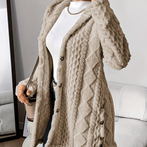 Elegant Beige Quilted Faux Fur Hooded Cardigan - Cozy Long Sleeve, Button Front Outerwear with Diamond Pattern, Perfect for Fall/Winter, Machine Washable - Image 16