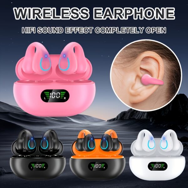 Open Ear Clip Wireless Earplugs BT 5.3, Sports Earphones Built-In Microphone with Ear Hook And Ear Hook, Wireless Charging Box And Display