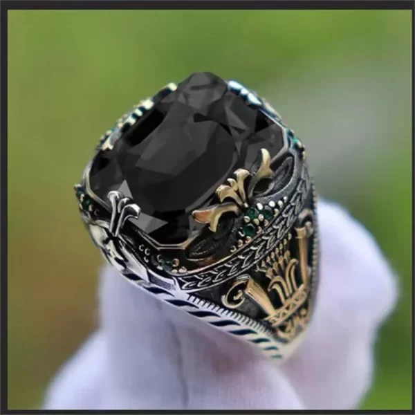 Retro Handmade Turkish Signet Rings for Men Ancient Silver Color Carved Ring Mystic Zircon Inlay New Punk Motor Biker Ring - Image 3