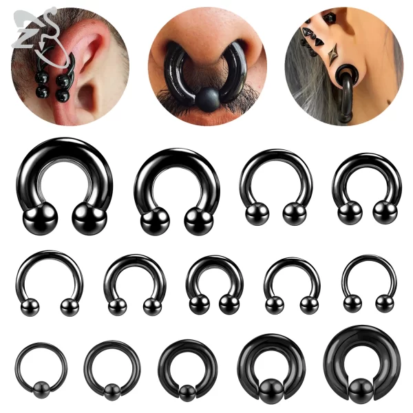 ZS 1 Piece 2/4/6/8G Black Color Stainelss Steel Horseshoe Nose Ring Men Punk Large Gauge Piercings Ear Expander Septum Piercing