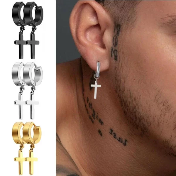 2pc Stainless Steel Men Cross Stars Punk Dangle Earrings Gothic Woman Cross Ear Hoop Earrings Huggies Pendant Piercing Jewelry - Image 3