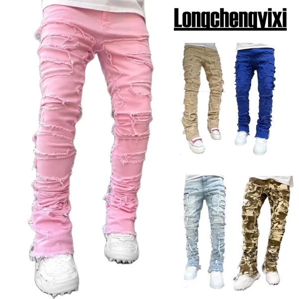 Men's Regular Fit Stacked Jeans Ripped Slim Fit Patch Distressed Destroyed Straight Denim Pants Hip Hop Streetwear Trouser Cloth - Image 3