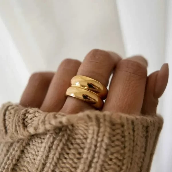 MHS.SUN Unisex Double Layer Gold Plated Wide Rings Fashion Stainless Steel For Women Men Smooth Chunky Jewelry Waterproof