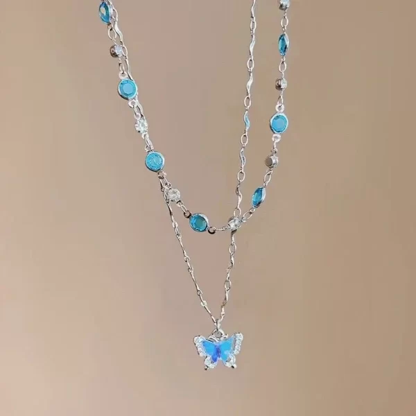 LATS Romantic Blue Crystal Butterfly Necklace for Women Girls Simple Shiny Zircon Bilayer Choker Clavicle Chain New Fine Jewelry - Image 6