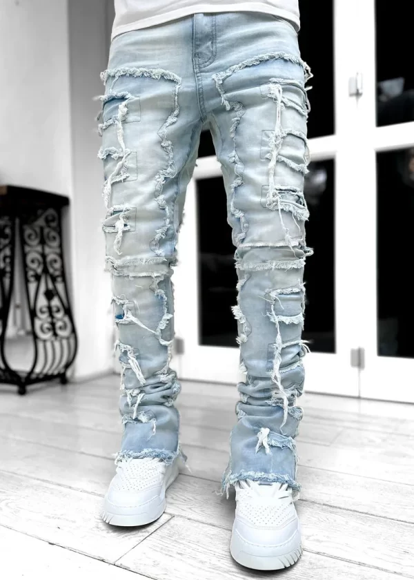 Men's Regular Fit Stacked Jeans Ripped Slim Fit Patch Distressed Destroyed Straight Denim Pants Hip Hop Streetwear Trouser Cloth - Image 13