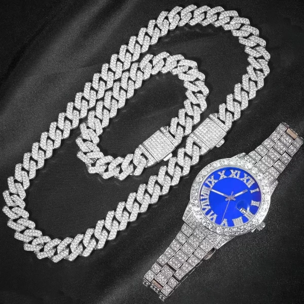 3pcs Cuban Chain Watch for Men Hip Hop Miami Curb Iced Out Paved Rhinestones Rapper Cuban Necklace Suit Watch+Bracelet Jewelry - Image 4