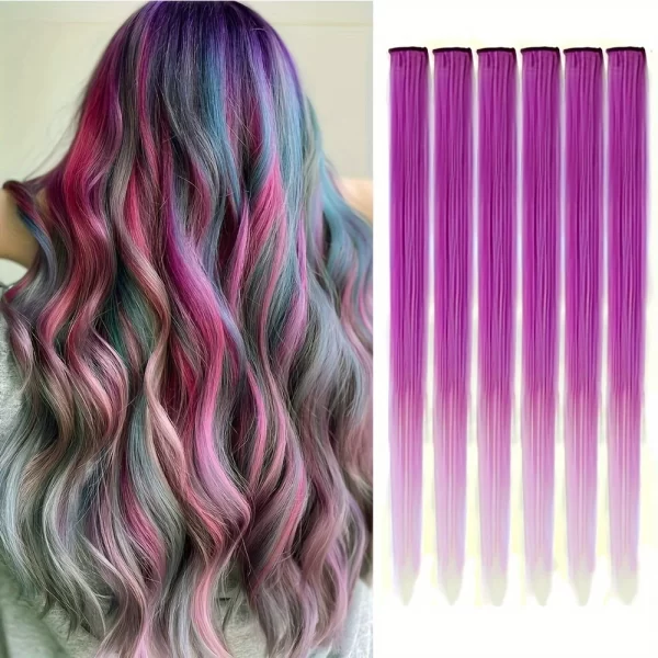 6pcs/pack Colored Party Highlights Clip in Hair Extensions for Girls 22 inches Multi-colors Straight Hair Synthetic Hairpieces - Image 10