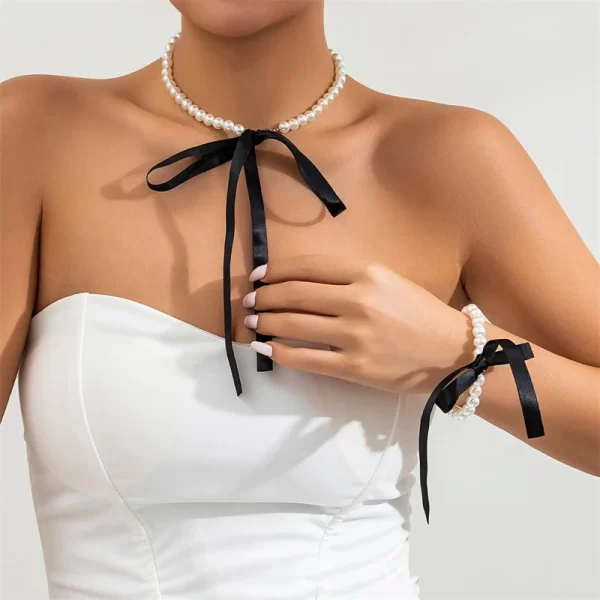 Salircon Korean Romantic Imitation Pearl Beaded Choker Fashion Black Velvet Adjustable Bow Necklace Banquet Wedding Jewelry - Image 6