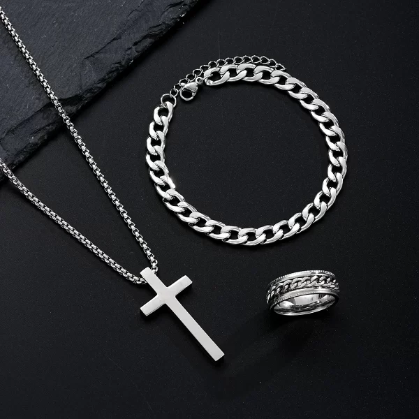 3 Pcs Stainless Steel Bracelet Necklace Ring for Men Women Retro Simple And Personalized Punk Hip Hop Jewelry Set Fashion Gifts - Image 10