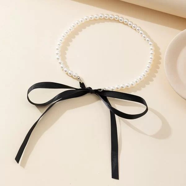 Salircon Korean Romantic Imitation Pearl Beaded Choker Fashion Black Velvet Adjustable Bow Necklace Banquet Wedding Jewelry - Image 3