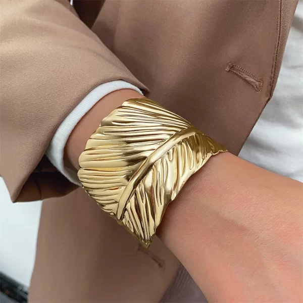 IFMIA Charm Big Metal Feather Opening Bangle For Women Men Gold Color Leaf Bracelet Fashion Jewelry Gifts