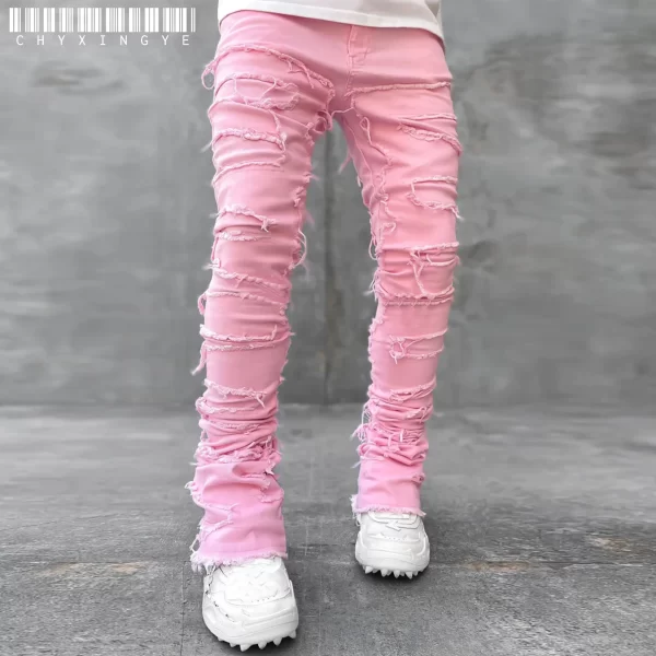 Men's Regular Fit Stacked Jeans Ripped Slim Fit Patch Distressed Destroyed Straight Denim Pants Hip Hop Streetwear Trouser Cloth - Image 4