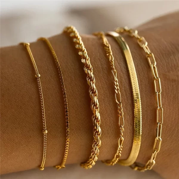 6Pcs Gold Color Multilayer Bracelet Set Boho Retro Thick Twist Cuban Chain Bracelet for Women  Trendy Quality Jewelry Gifts