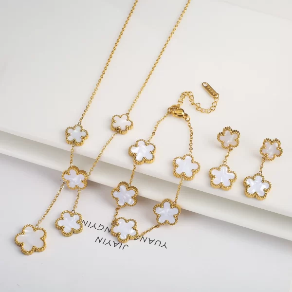 3PCS Stainless Steel Five Leaf Flower Shell Jewelry Set Simple for Woman Girl Party Jewelry Bracelet Necklace Earrings Clover - Image 9