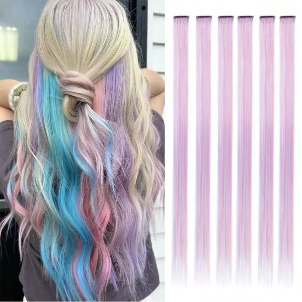 6pcs/pack Colored Party Highlights Clip in Hair Extensions for Girls 22 inches Multi-colors Straight Hair Synthetic Hairpieces - Image 33