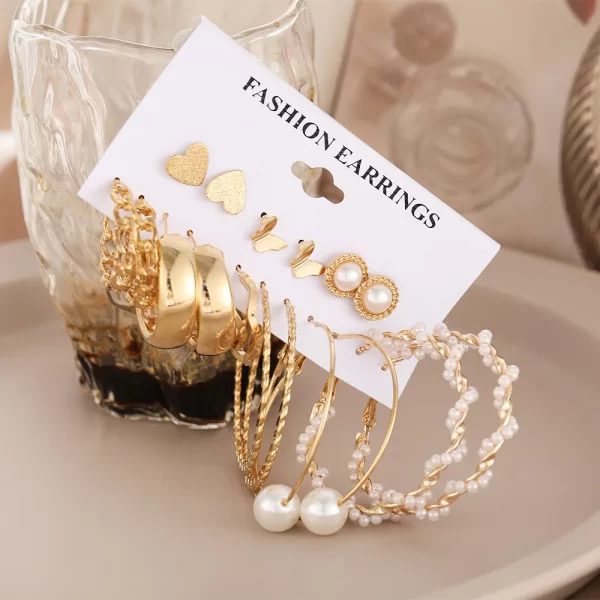 1Set Hot Selling Personalized Retro Pearl Heart Large Circle Earring Set for Women's Temperament Card Earrings Set Wholesale - Image 3