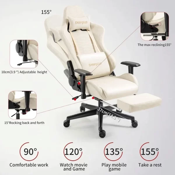 Office Chair with Footrest, Massage, Vintage Leather, Lumbar Support - Ivory