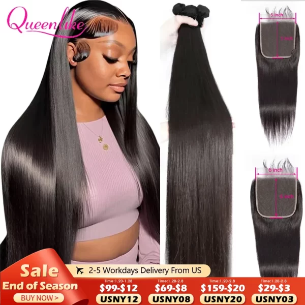 30 40inch Straight Human Hair Bundles with 5x5/6x6 Closure Brazilian Raw Bundles 100%Human Hair 13x4 Frontal Closure And Bundles