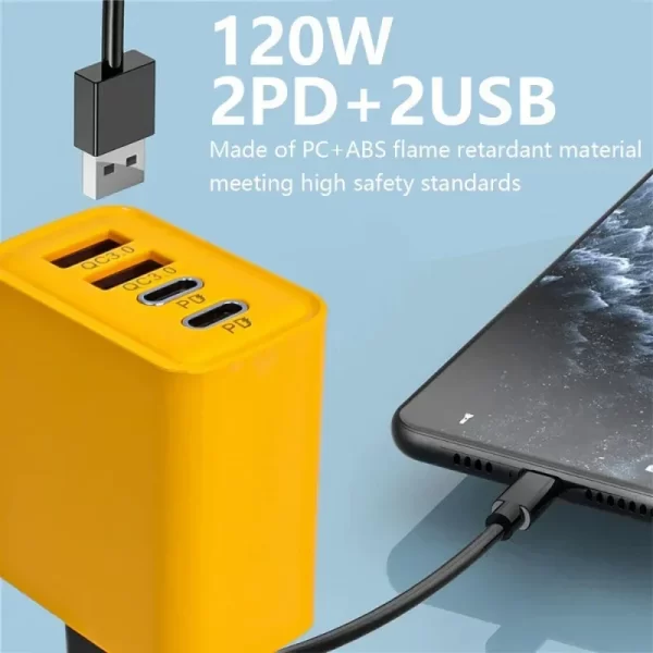 120W 3.0 USB fast phone charger type C quick charge charging adapter for iPhone 15 14 13 Samsung Xiaomi 2 PD 4 ports EU/US plug - Image 2