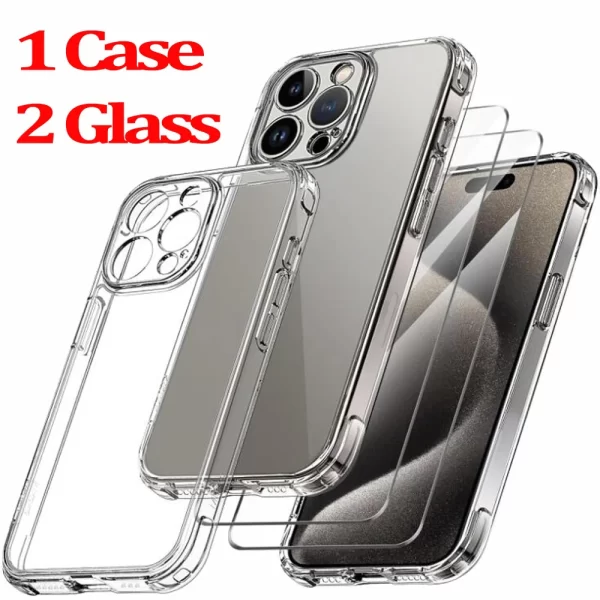 For iPhone 16 15 Pro Max Phone Case & Screen Glass For iPhone 16 15 14 13 Mini 12 11 Pro Transparent Case iPhone16 Plus Cover