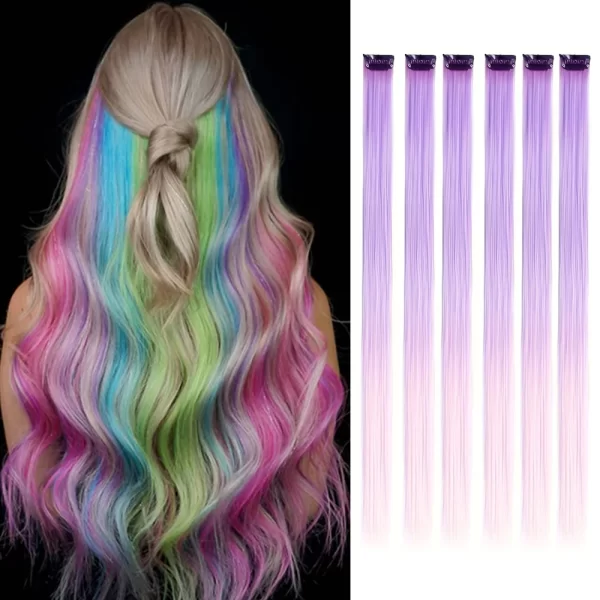 6pcs/pack Colored Party Highlights Clip in Hair Extensions for Girls 22 inches Multi-colors Straight Hair Synthetic Hairpieces - Image 7