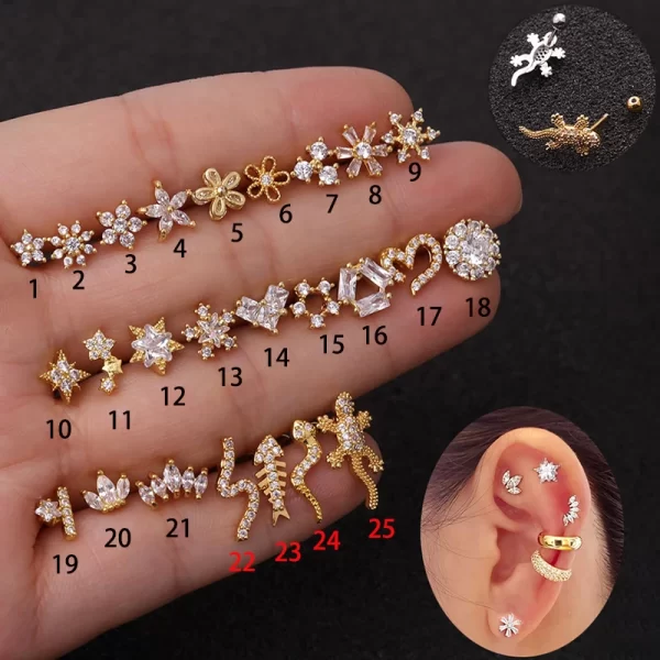 1PC Stainless Steel Gold Color Silver Color Flower CZ Tragus Cartilage Helix Star Ear Stud Piercing Zircon Daith Earring - Image 8