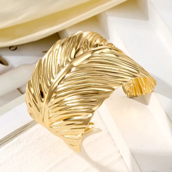 IFMIA Charm Big Metal Feather Opening Bangle For Women Men Gold Color Leaf Bracelet Fashion Jewelry Gifts - Image 4