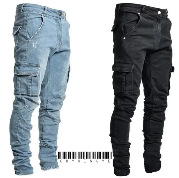 new Jeans Men Pants Wash Solid Color Multi Pockets Denim Mid Waist Cargo Jeans Plus Size Fahsion Casual Trousers Male Daily Wear