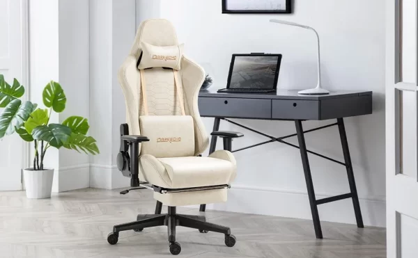 Office Chair with Footrest, Massage, Vintage Leather, Lumbar Support - Ivory - Image 7