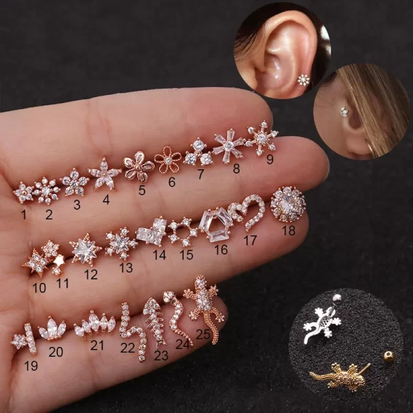 1PC Stainless Steel Gold Color Silver Color Flower CZ Tragus Cartilage Helix Star Ear Stud Piercing Zircon Daith Earring - Image 3