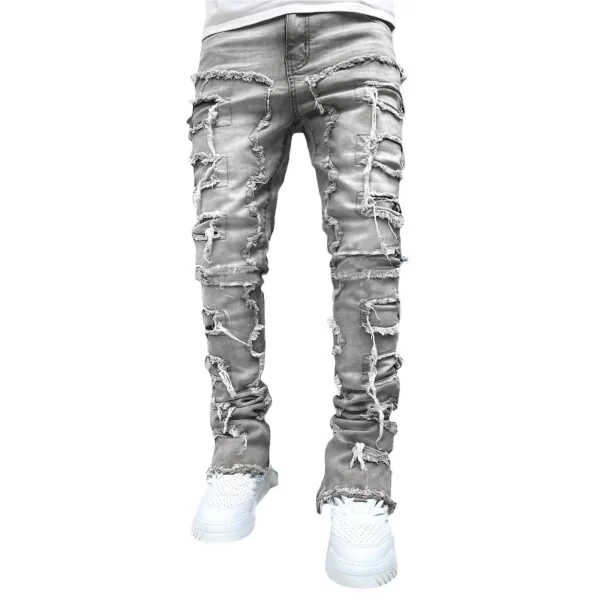 Men's Regular Fit Stacked Jeans Ripped Slim Fit Patch Distressed Destroyed Straight Denim Pants Hip Hop Streetwear Trouser Cloth - Image 6