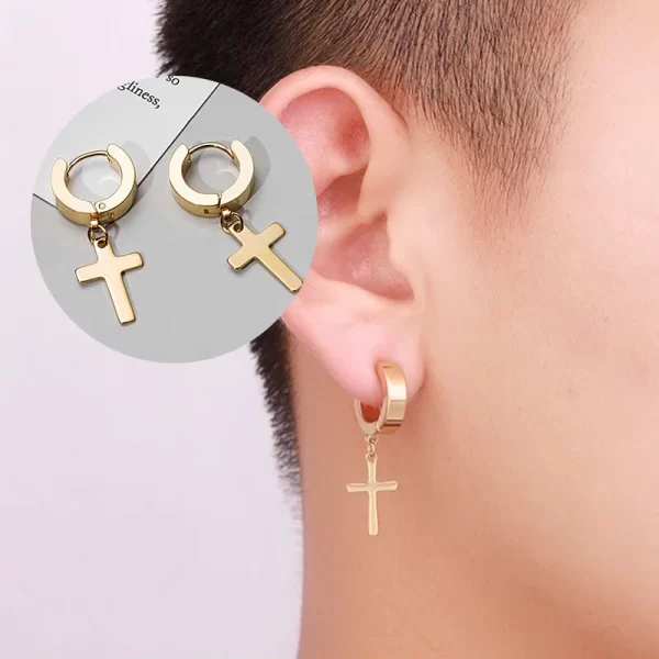 2pc Stainless Steel Men Cross Stars Punk Dangle Earrings Gothic Woman Cross Ear Hoop Earrings Huggies Pendant Piercing Jewelry - Image 5