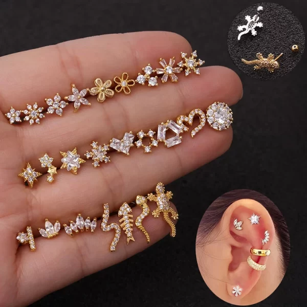 1PC Stainless Steel Gold Color Silver Color Flower CZ Tragus Cartilage Helix Star Ear Stud Piercing Zircon Daith Earring