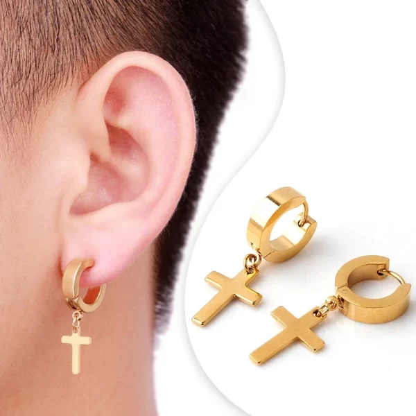 2pc Stainless Steel Men Cross Stars Punk Dangle Earrings Gothic Woman Cross Ear Hoop Earrings Huggies Pendant Piercing Jewelry - Image 4