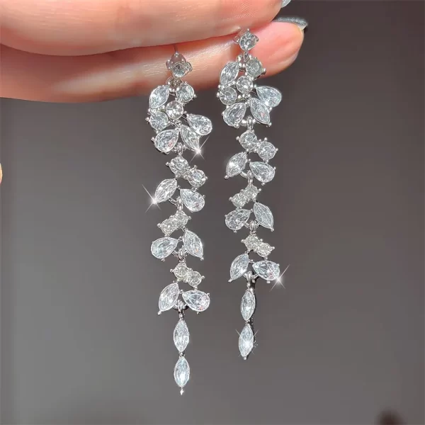 Sliver Maple Leaf Zircon Tassel Long Earrings For Women Shiny Rhinestone Wedding Drop Earrings Party Jewelry Gifts - Image 3